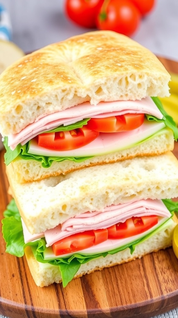 A keto cloud bread sandwich with turkey, lettuce, and tomatoes on a wooden board with pickles.